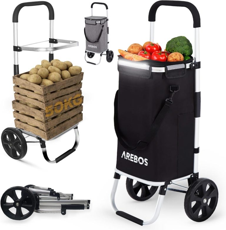 Arebos Chariot de Courses 3 en 1 avec Compartiment Isotherme intégré 56L, Sac de Courses Pliable, Poignée réglable, Noir