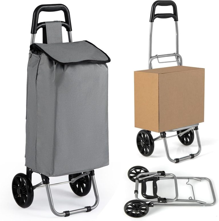 GYMAX Chariot de Courses avec Sac de Rangement Amovible 35L, Caddie pour Transport Charge Max. 35kg, 2 Roues Grandes pour Tout Terrain, Escalier, Cadre en Acier Robuste, pour Personnes Âgées (Gris)