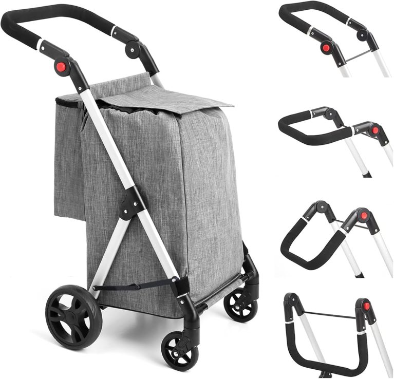 LEUYA ABC Chariot de Courses, 46L Chariot de Courses 4 Roues, avec Sac Isotherme, Poignées Réglables, Pliable, léger en Aluminium (Gris)