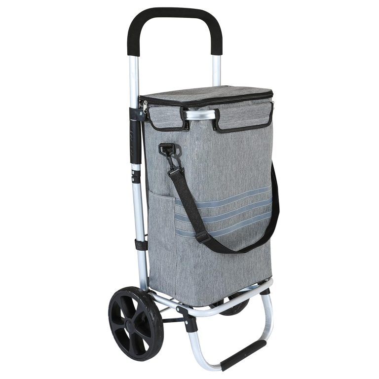 Ribelli Chariot de Courses 2 Roues, 3in1 Chariot à provisions avec Compartiment réfrigéré Caddie de Courses Pliable Caddy de Courses à roulettes Cadre en Aluminium Sac Amovible, Gris