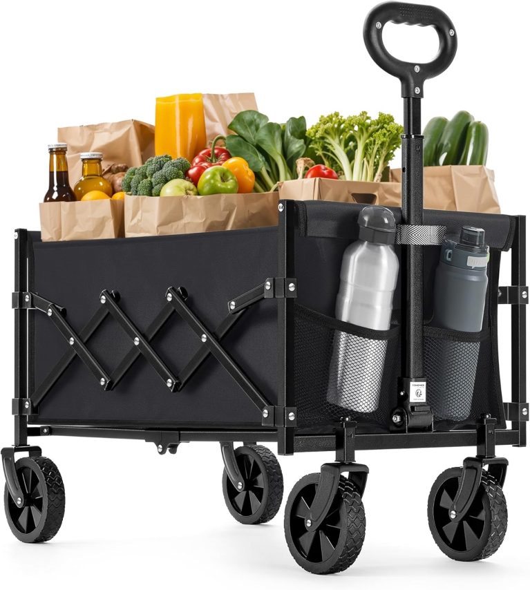 SONGMICS Chariot de Transport Pliable, Compact, 180 kg, 90 L, Chariot de Campings, avec Poignée, 4 Roues Renforcées dont 2 Roues Universelles, Noir d'encre, Collection SANDY GFW909B01