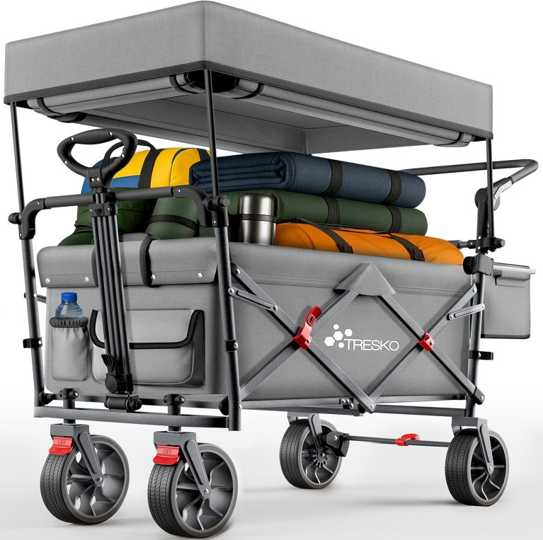 TRESKO Chariot de courses pliable avec toit, compartiment réfrigéré et stores latéraux, charrette à bras jusqu'à 150 kg